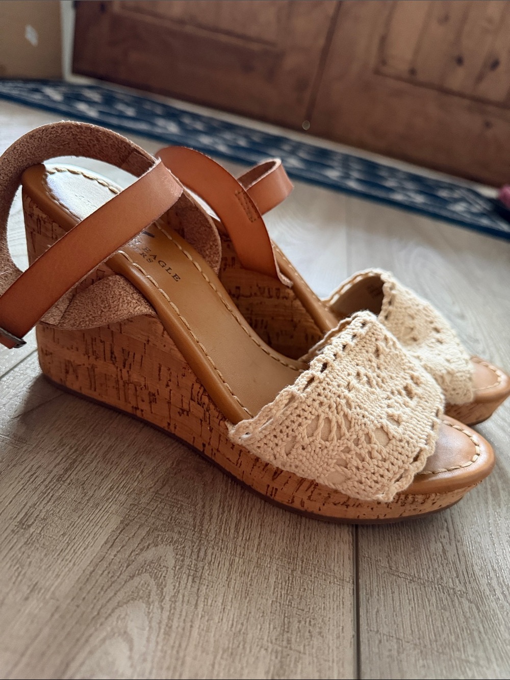 American Eagle Outfitters Brown Leather/Cream Crochet Wedge Sandals- Women US 8